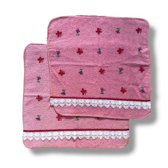 Vtg Dundee Brand Lace Trim Pink Face Cloth Cotton Floral Butterfly Cottage New - Picture 9 of 11